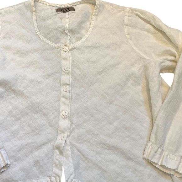 Flax Tops - Flax 100% Linen Button Front Top 1G Off White Relaxed Fit Artsy